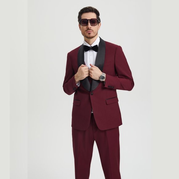 Stacy Adams 3pc Mens Tuxedo Hybrid Fit Shawl Lapel, Burgundy - Picture 2 of 6